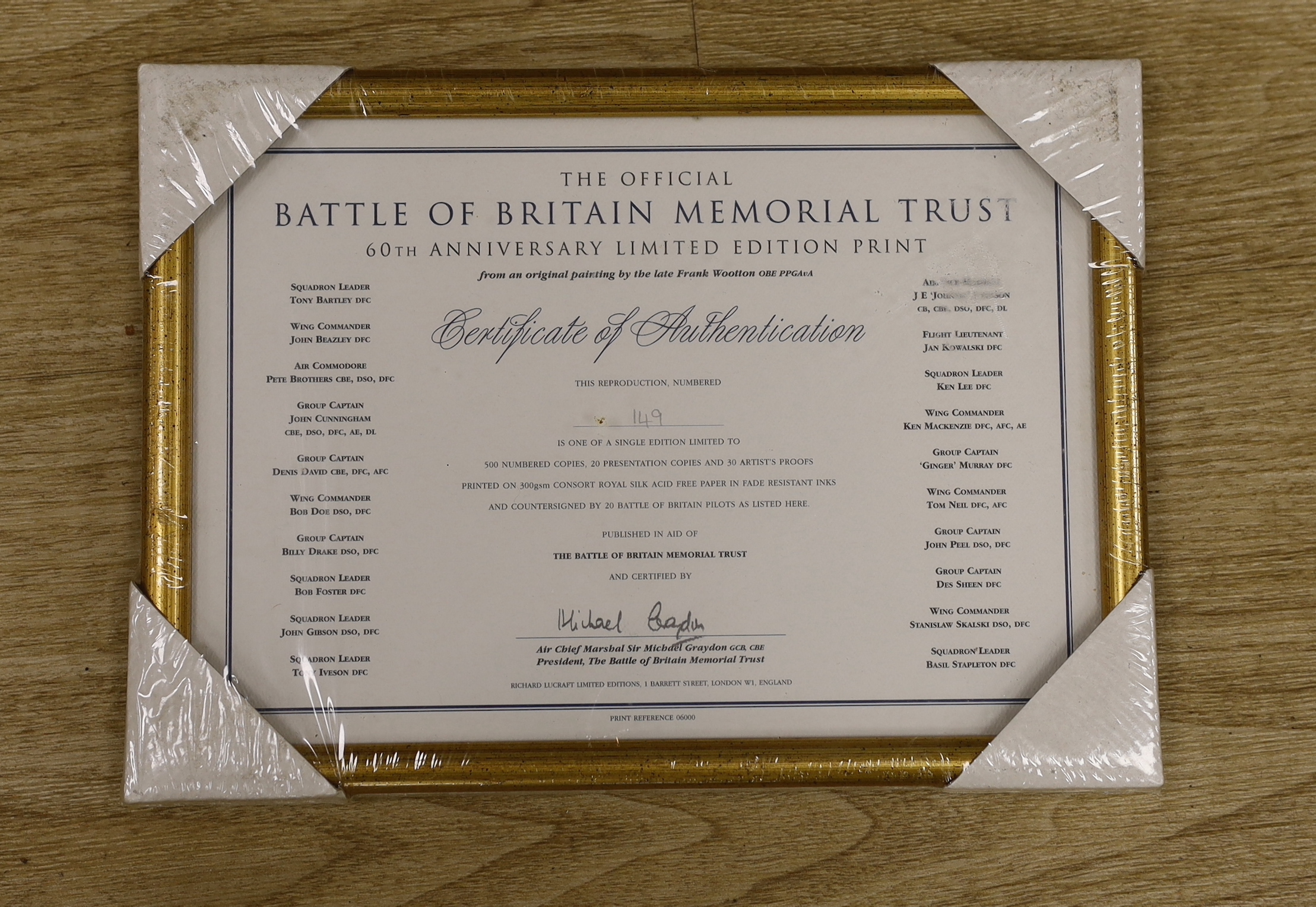 Frank Wootton (1911-1998), colour print, The Battle of Britain Memorial Trust 60th Anniversary, signed in pencil by fighter pilots including Tony Bartley and John Beazley, limited edition 149/500, 47 x 68cm, with COA